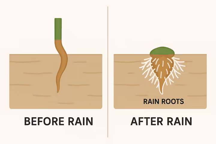 A diagram showing a cactus root before and after rain, with the 'after' side showing a halo of new, fuzzy rain roots.