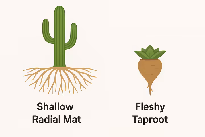 An illustration comparing a Saguaro's shallow radial root mat with an Ariocarpus's large, fleshy taproot.