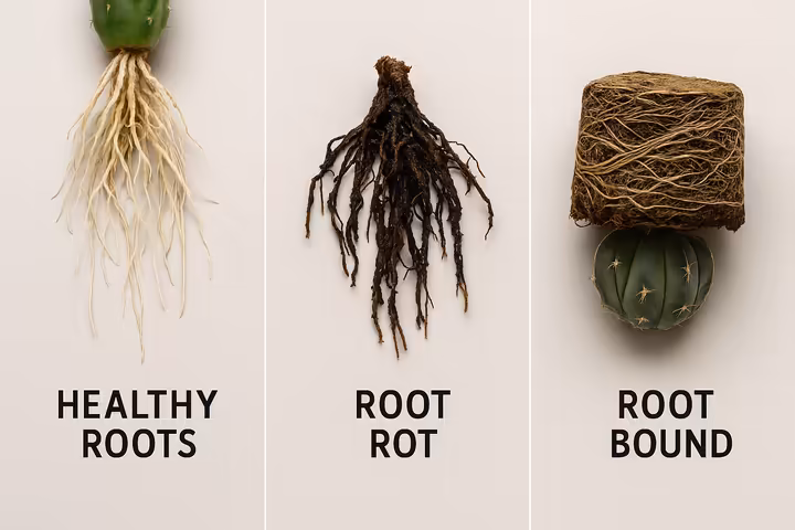 A comparison image showing healthy, white cactus roots next to brown, mushy roots suffering from root rot.