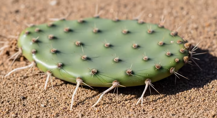 A fallen Prickly Pear cactus pad lying on the soil, with new adventitious roots growing from its areoles.