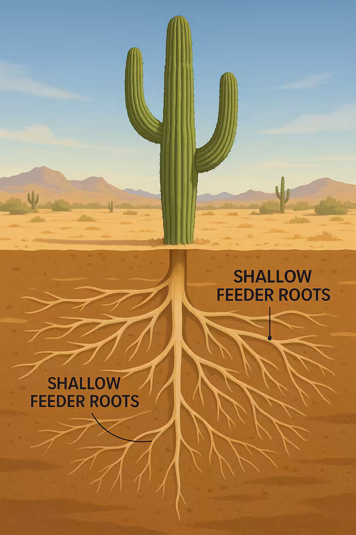A cutaway view of a giant Saguaro cactus, revealing its deep anchoring taproot and its wide, shallow mat of feeder roots.