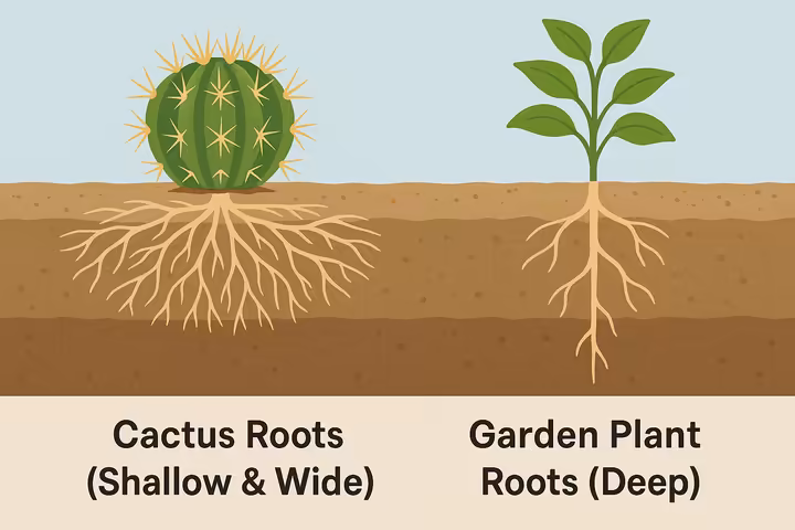 A cross-section illustration showing the shallow, fibrous root system of a cactus under the soil.