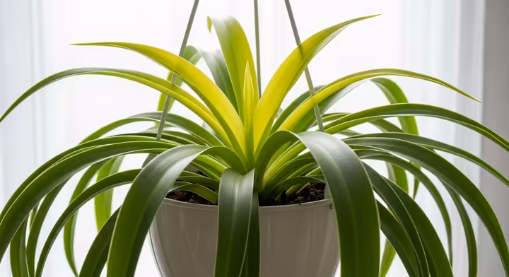 A healthy Hawaiian spider plant with vibrant new growth in a hanging basket.