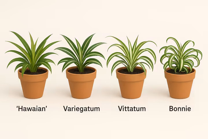 Four spider plant cultivars side-by-side: Hawaiian, Variegatum, Vittatum, and Bonnie.