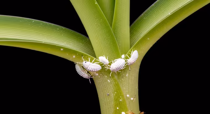 Close-up of mealybugs on a spider plant at the base of the leaves.