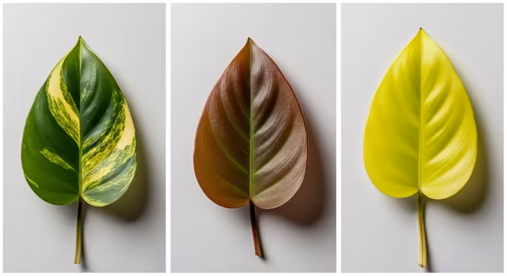 A collage showing the distinct leaves of Philodendron hederaceum cultivars: 'Brasil', 'Micans', and 'Lemon Lime'.