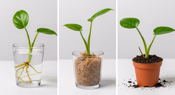 Three glass jars side-by-side showing Heart-Leaf Philodendron cuttings rooting in water, sphagnum moss, and soil.
