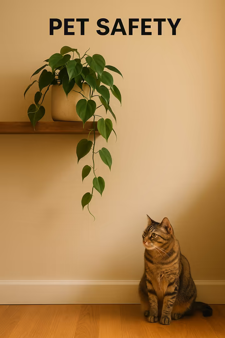 A Heart-Leaf Philodendron placed safely on a high shelf, well out of reach of a curious cat looking up from the floor below.