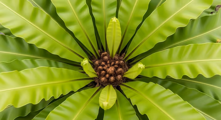 A top-down view of a Bird's Nest Fern, showing its bright green, wavy fronds growing from a central rosette.