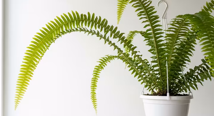 A lush Boston Fern with long, arching, feathery fronds spilling out of a hanging basket.