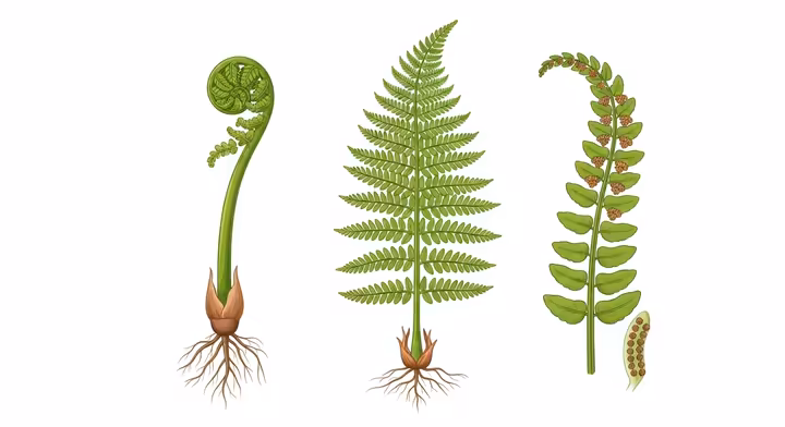An educational diagram illustrating the anatomy of a fern, labeling the fronds, stipe, blade, rachis, pinnae, rhizome, and sori.