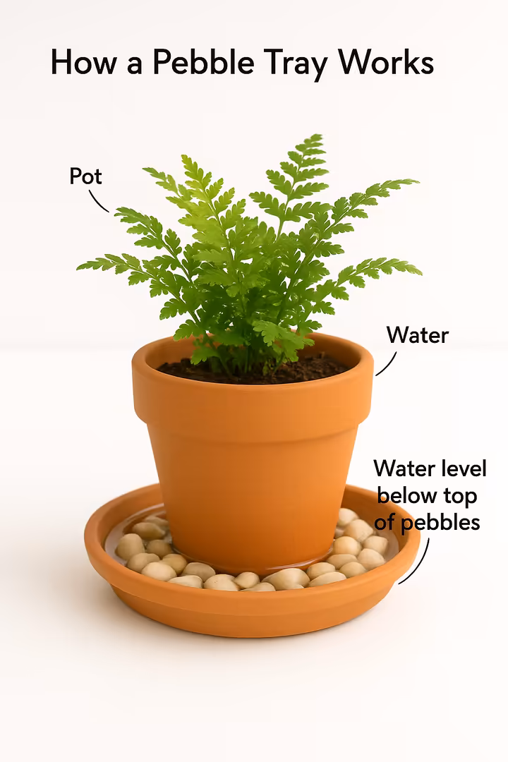 A potted fern sitting on a tray filled with pebbles and water to increase ambient humidity.