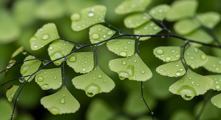 A close-up of a Maidenhair Fern, showing its delicate, fan-shaped leaflets on thin, black stems.