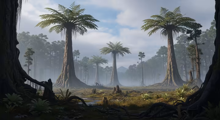 A lush, swampy forest from the Carboniferous period, dominated by giant tree-like ferns.