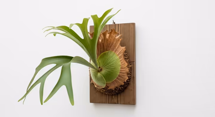 A Staghorn Fern mounted on a wooden plaque, displaying its distinct shield fronds and antler-like fertile fronds.