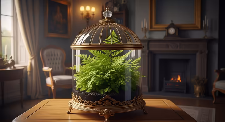 An ornate Victorian Wardian case made of glass and dark wood, filled with a variety of lush green ferns.