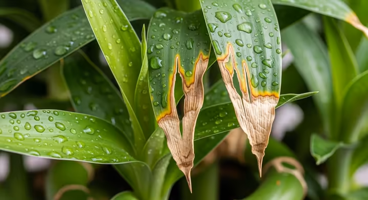Close-up of lucky bamboo leaves with dry, brown tips, indicating a water quality issue.