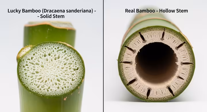Side-by-side comparison of a solid Lucky Bamboo stalk and a hollow, segmented real bamboo stalk.