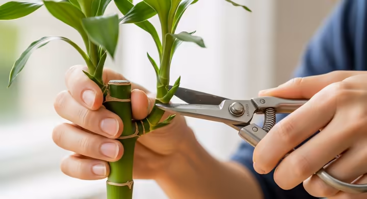 A hand holding a pruned cutting from a lucky bamboo plant, showing the growth nodes clearly.