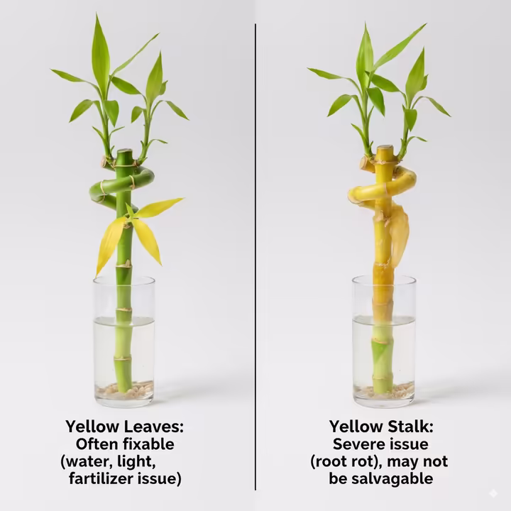 A comparison showing a lucky bamboo with some yellowing leaves, contrasted with a plant where the entire stalk is turning yellow from the bottom up.