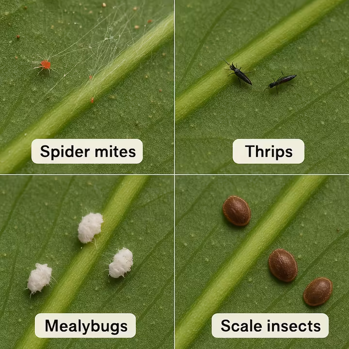 A collage of common houseplant pests including spider mites, thrips, mealybugs, and scale insects.