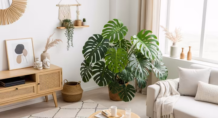 A large, healthy Monstera deliciosa with fenestrated leaves serving as a focal point in a brightly lit, modern living room with minimalist decor.