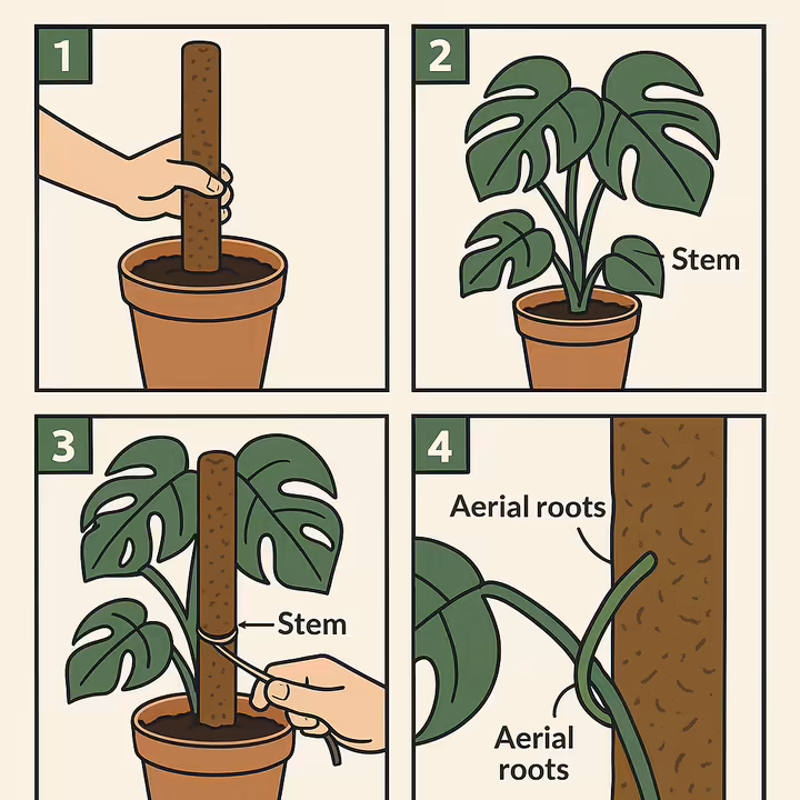 An infographic showing the 4 steps to attach a Monstera to a moss pole, from inserting the pole to tying the stem.