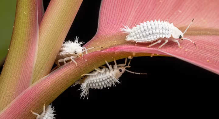 A close-up view of white, cottony mealybugs clustered in the leaf axil of a Pink Princess Philodendron.