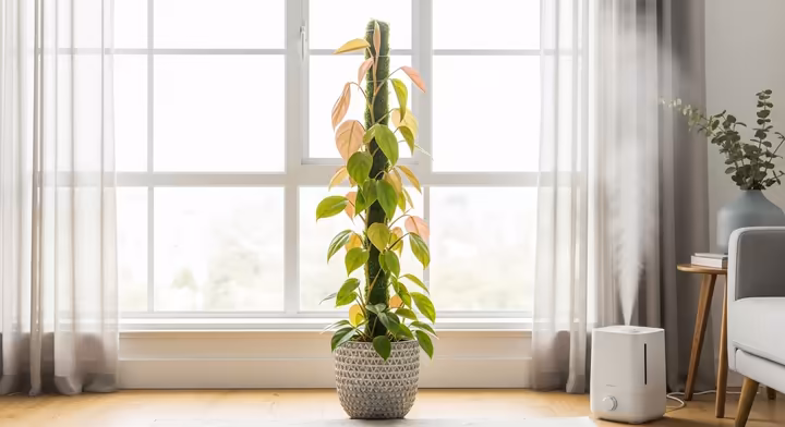 A healthy Pink Princess Philodendron with a moss pole in a terracotta pot, situated near a bright, east-facing window with a sheer curtain.