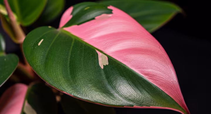 A close-up of a Pink Princess Philodendron leaf showing vibrant hot pink splashes against a dark green, almost black background.