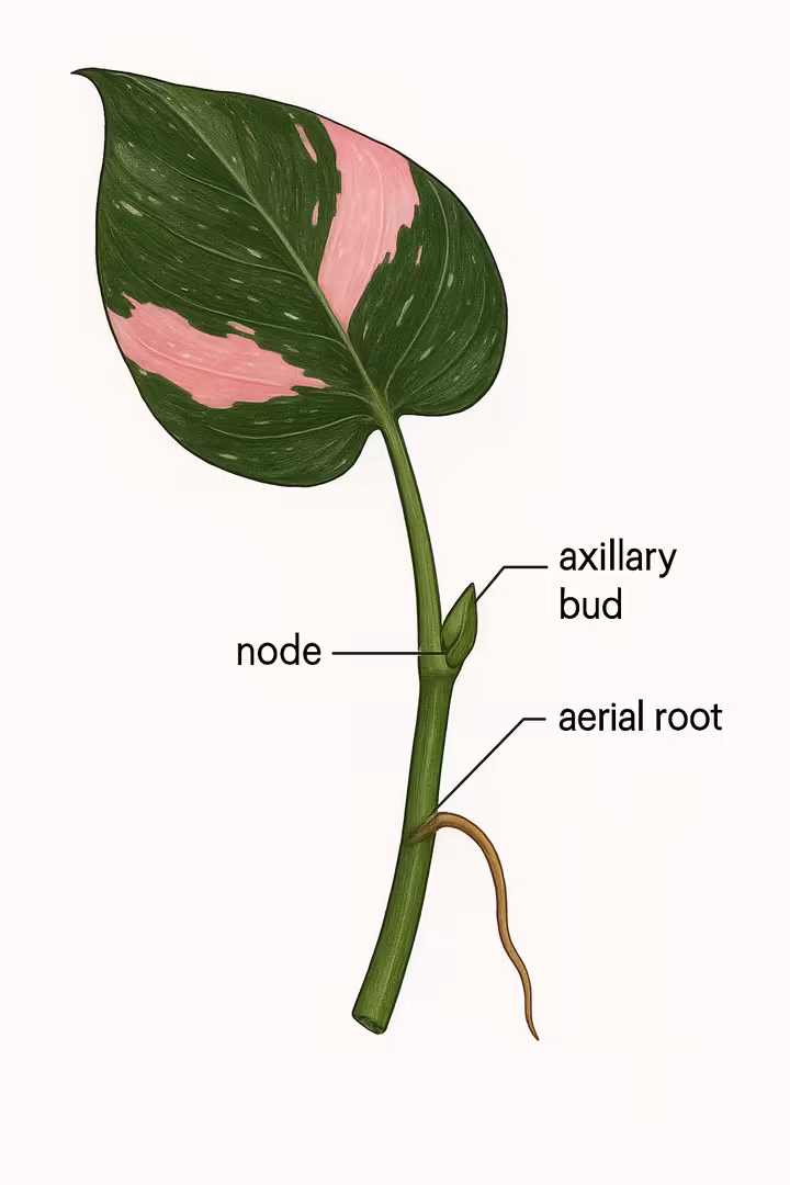 A Pink Princess Philodendron stem cutting with one leaf and a visible node with a small aerial root, ready for propagation.