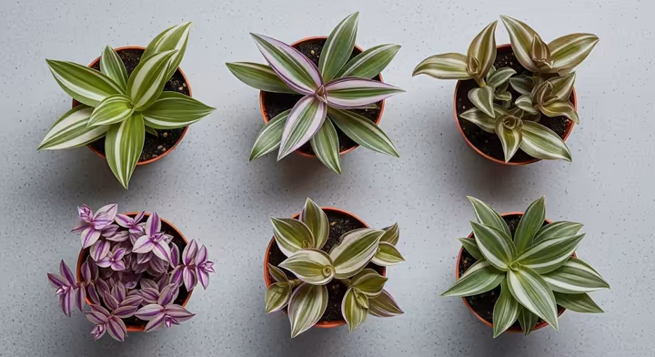 A collection of different Tradescantia houseplants showing a variety of colors like purple, pink, and green.