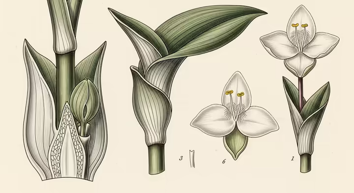A botanical illustration showing the parts of a Tradescantia plant, including the stem nodes, sheathing leaf base, and three-petaled flower.