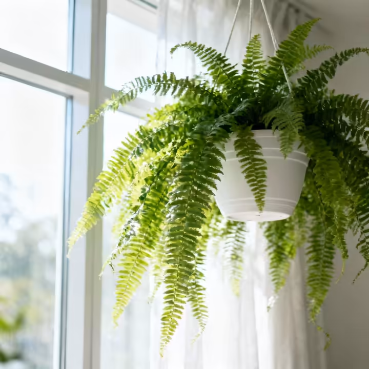 A lush Boston Fern with long, arching fronds spilling out of a hanging basket in a brightly lit room.