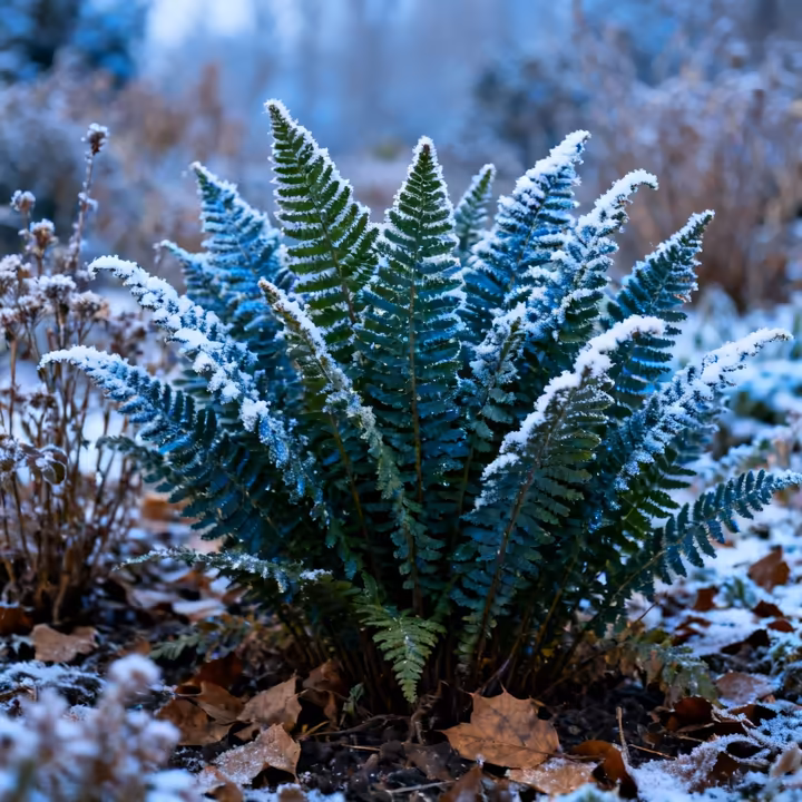 A clump of dark green Christmas Ferns in a winter garden, possibly with a light dusting of snow on the ground around them.