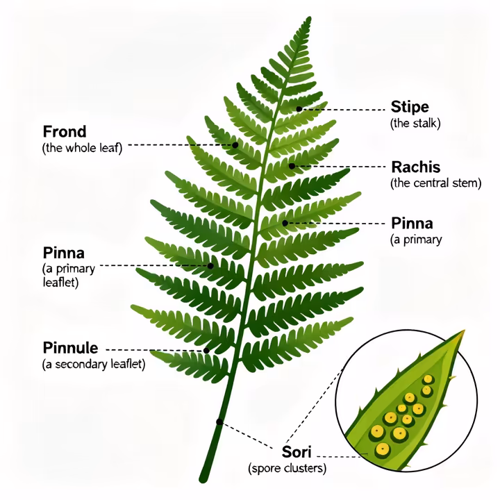 An educational diagram illustrating the parts of a fern frond, with labels pointing to the stipe, rachis, pinna, pinnule, and sori on the underside of a leaflet.