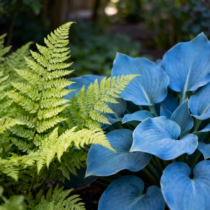 A clump of bright green, feathery Lady Ferns next to a large-leafed Hosta plant to show textural contrast.