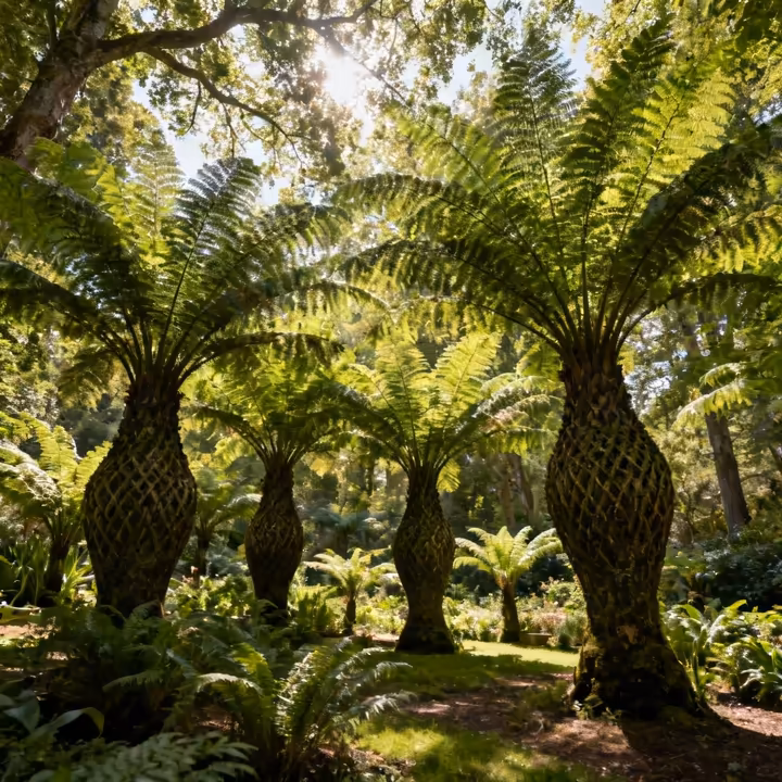 A towering, vase-shaped clump of Ostrich Ferns in a lush, shady garden, demonstrating their large size and feathery appearance.