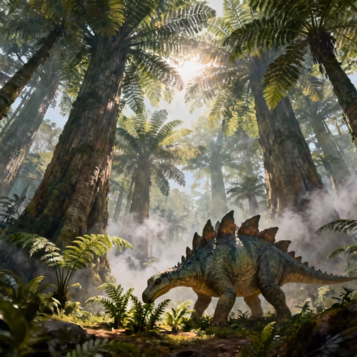 A lush, primeval forest dominated by giant tree ferns with a dinosaur, like a Stegosaurus, grazing in the background under a misty sky.