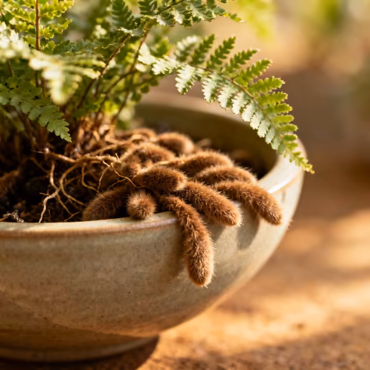 A close-up of a Rabbit's Foot Fern, with a focus on the fuzzy, light-brown rhizomes creeping over the edge of the terracotta pot.
