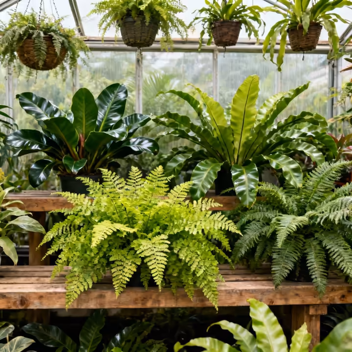 A collection of various fern types in a bright, humid greenhouse, showcasing different frond shapes and textures.