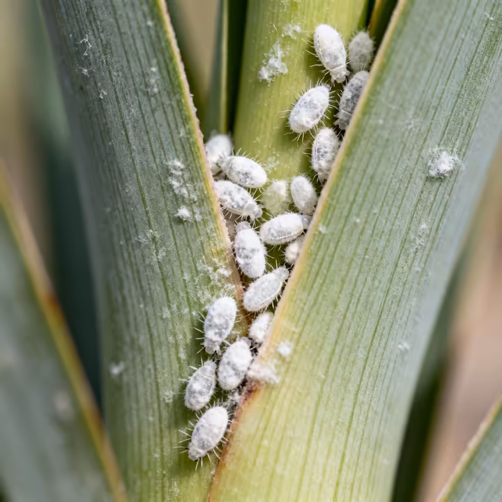 A macro photograph showing tiny, white, cotton-like mealybugs clustered on the stem of a yucca plant where a leaf joins it.