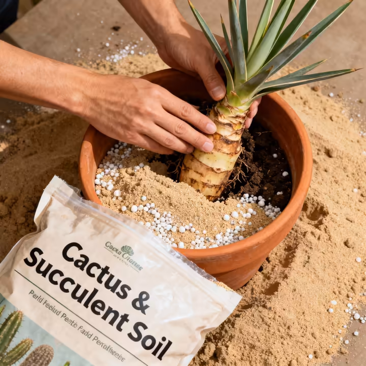 A person's hands potting a yucca plant into a terracotta pot filled with fast-draining cactus and succulent soil mix.