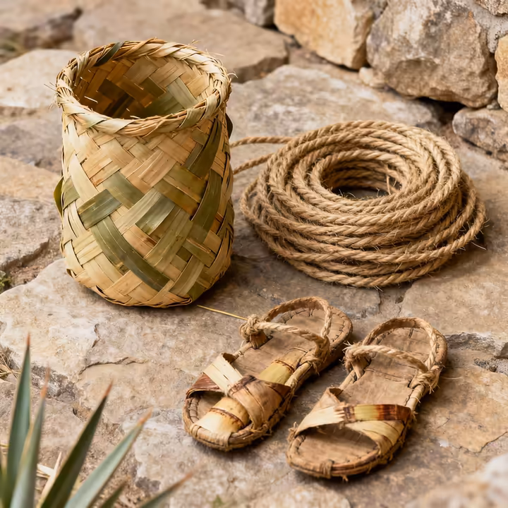 A display of items made from yucca plant fibers, including a coiled rope, a small woven basket, and a pair of simple sandals.