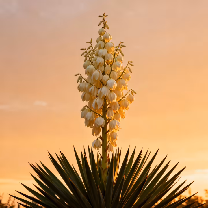 A mature yucca plant with a tall, dramatic flower stalk rising from its center, covered in beautiful, bell-shaped white flowers.
