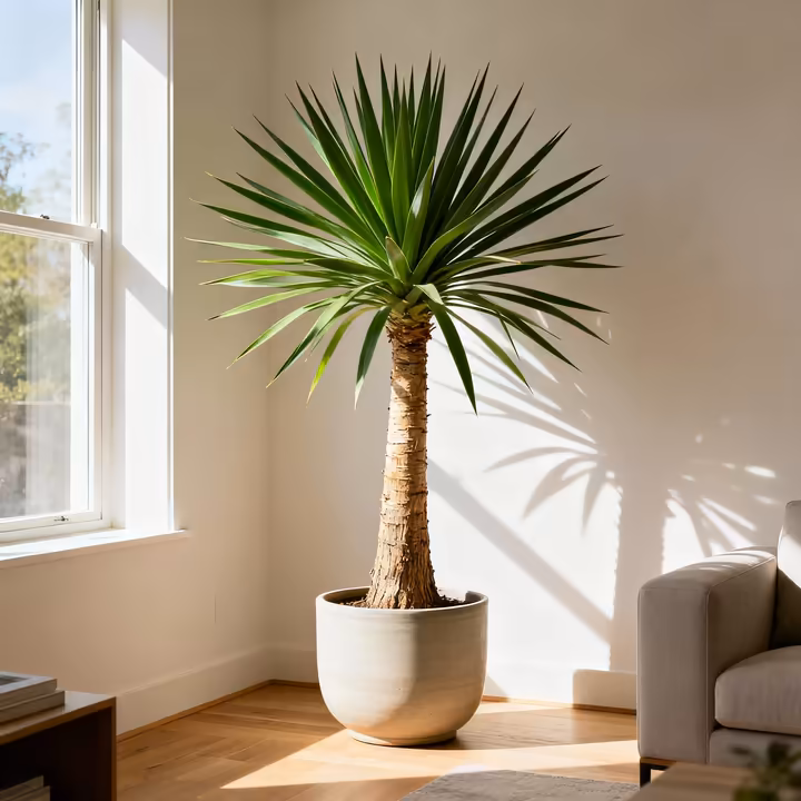 A healthy yucca cane plant with its spiky green leaves in a stylish pot inside a bright, modern living room.