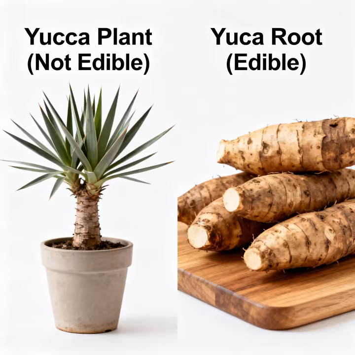 A side-by-side comparison showing the spiky Yucca houseplant on the left and the edible yuca (cassava) root vegetable on the right.