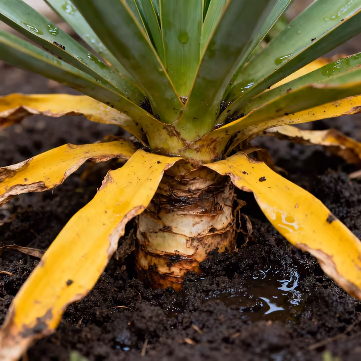 A close-up on the base of a yucca plant showing the lower leaves turning a sickly yellow, a common sign of overwatering.